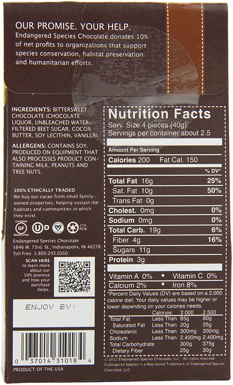 Endangered Species Bite Size Dark Chocolate 72 % Cocoa (6 Pack)