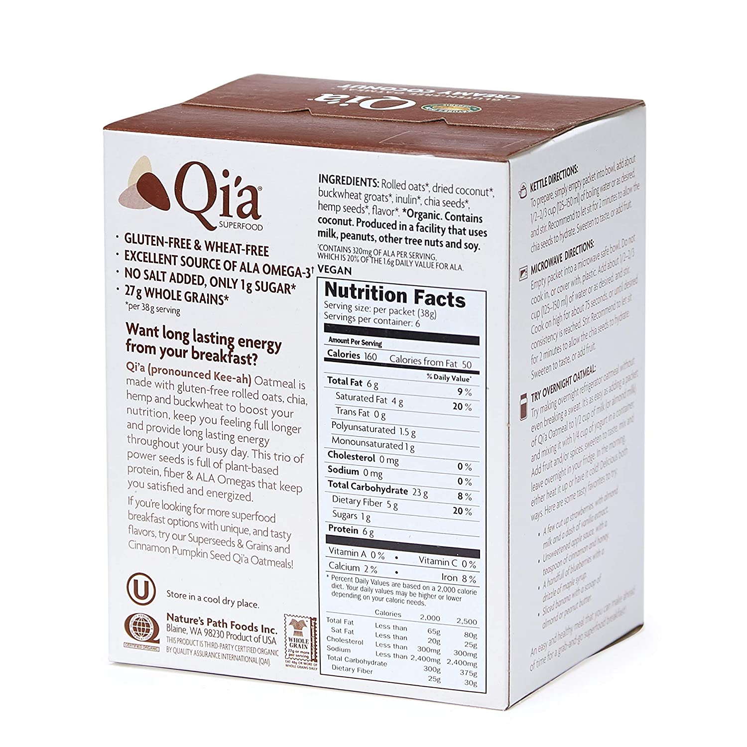 Nature's Path Qi'a Superfoods Hot Oatmeal Creamy Coconut (6 Pack)